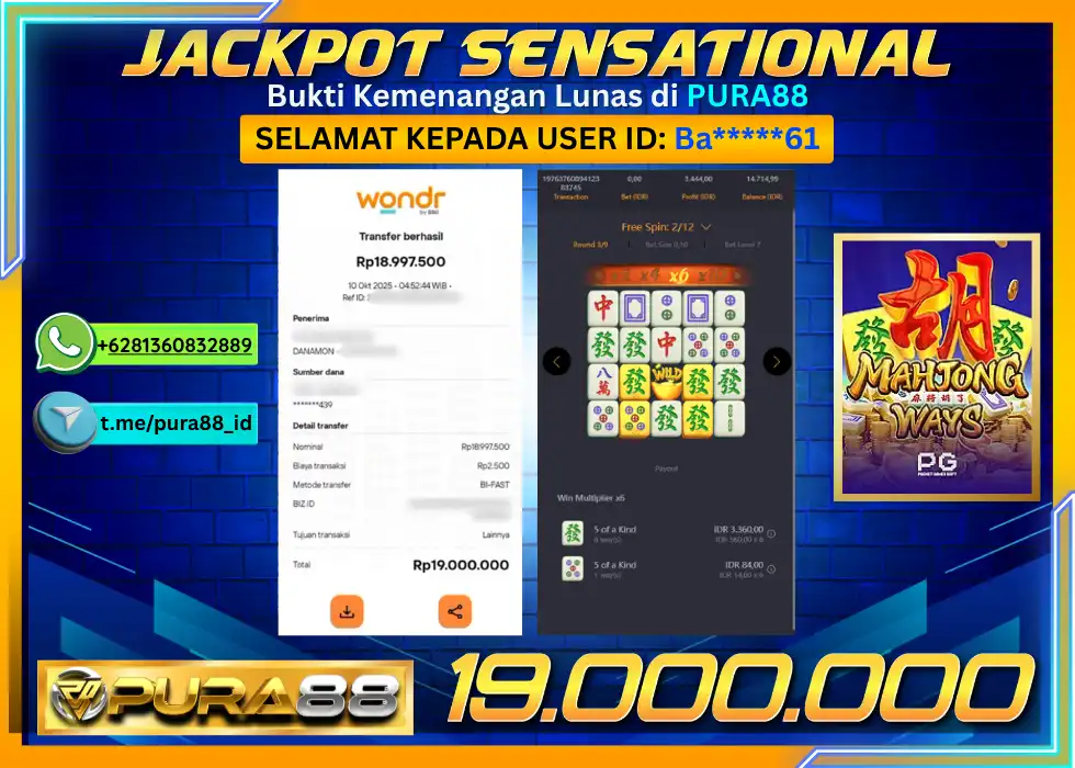 PURA88 JACKPOT SENSATIONAL MAHJONG WAYS 1 Rp 19.000.000,- LUNAS