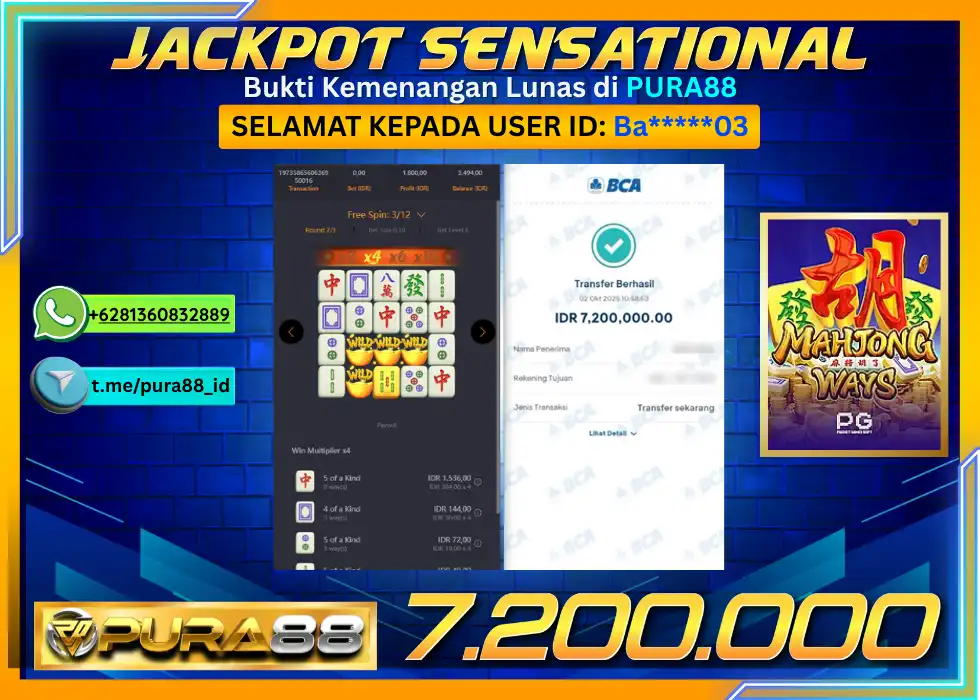 PURA88 JACKPOT SENSATIONAL MAHJONG WAYS 1 Rp 7.200.000,- LUNAS