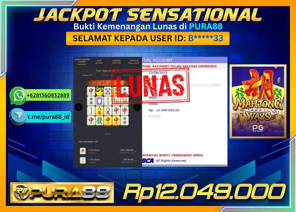PURA88 JACKPOT SENSATIONAL MAHJONG WAYS 1 Rp 12.049.000,- LUNAS