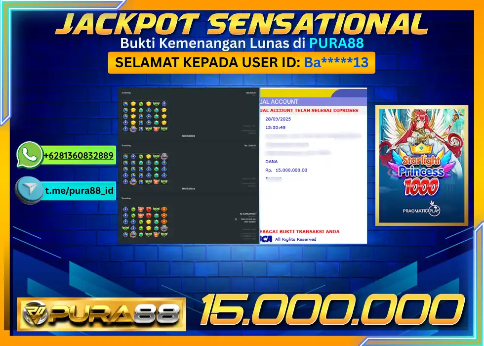 PURA88 ID Ba*** JACKPOT SENSATIONAL STARLIGHT PRINCESS 1000 Rp 15.000.000,- LUNAS