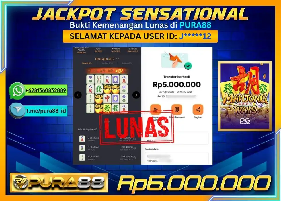 PURA88 JACKPOT SENSATIONAL J*** MAHJONG WAYS 1 Rp 5.000.000,- LUNAS