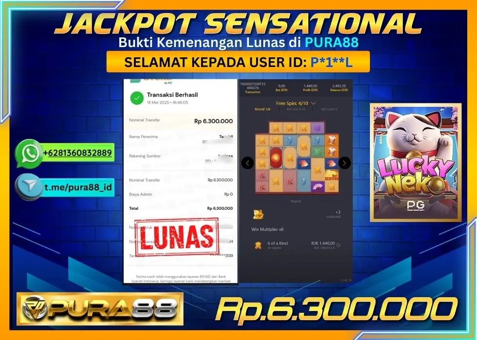 PURA88 JACKPOT SENSATIONAL LUCKY NEKO Rp6.300.000,- LUNAS