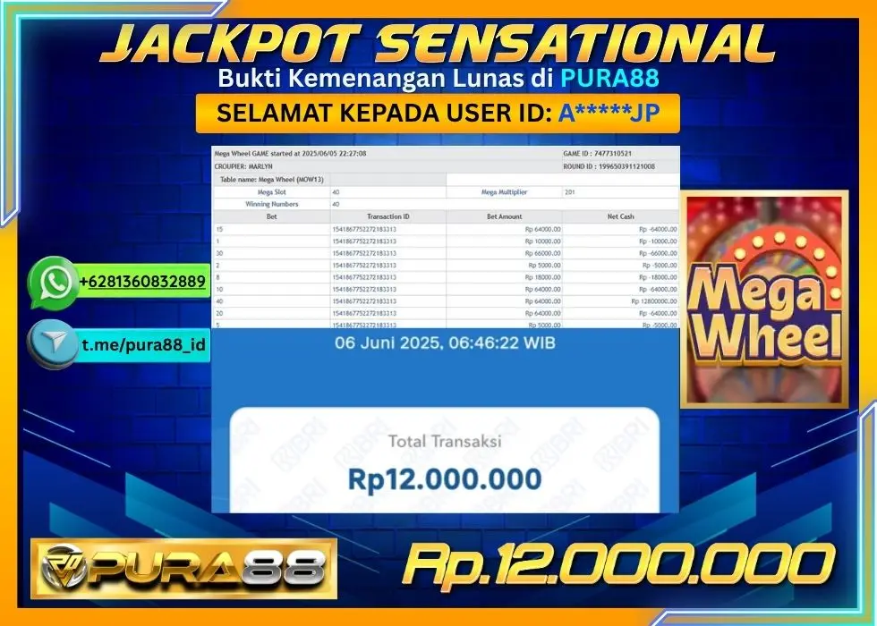 PURA88 JACKPOT SENSATIONAL MEGA WHEEL Rp12.000.000,- LUNAS