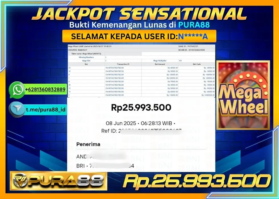 PURA88 JACKPOT SENSATIONAL MEGA WHEEL Rp25.993.500,- LUNAS